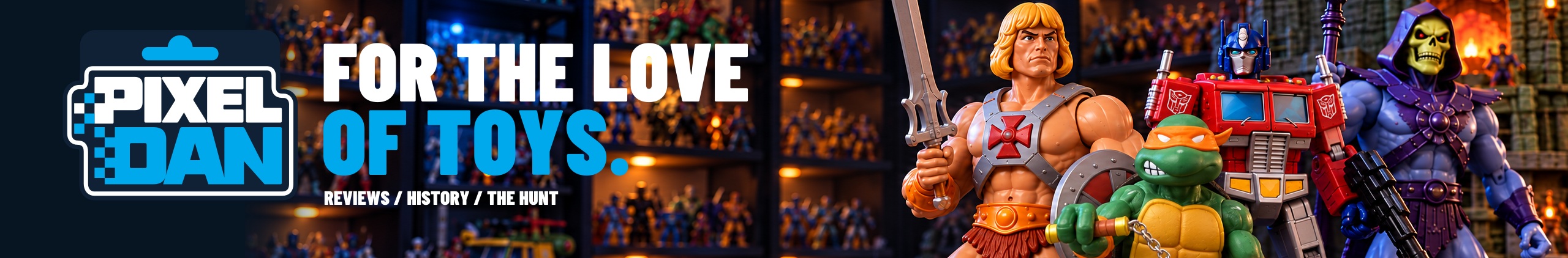Desktop banner concept showing Pixel Dan and toy characters